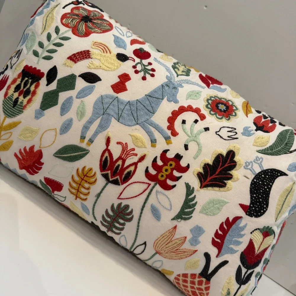 IKEA Rodarv Wool Embroidered Folk Art Lumbar Pillow Tassel Accent Multi-Color